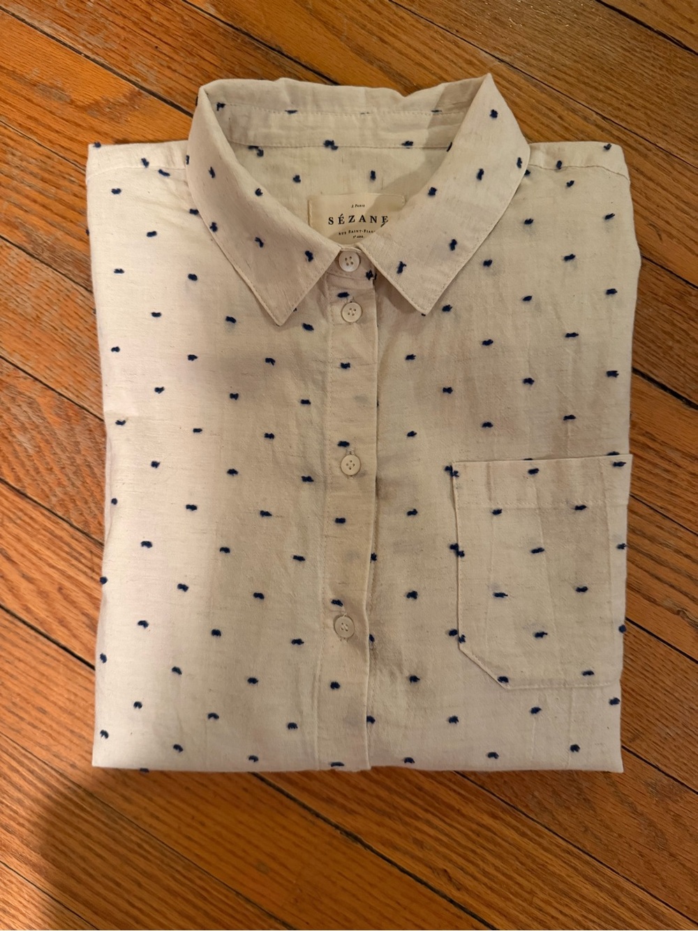 Sezane tomboy Cream Button-Down Shirt with Navy Dot Pattern